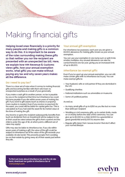 Factsheets: Making financial gifts | Evelyn Partners